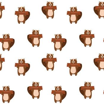 Seamless pattern with hand drawn cartoon beaver cat holding a piece of wood with a trendy texture in its paws. Repeatable image for printing on wrapping paper and canvas, on children's clothing vector
