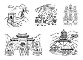Line art of China sights. Great Wall, rice fields, soldiers, gates, and pagodas in black. vector