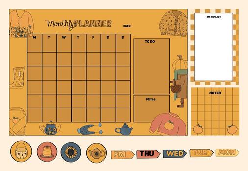 A monthly planner and sticky notes, and a notepad collection for planning and journaling. vector