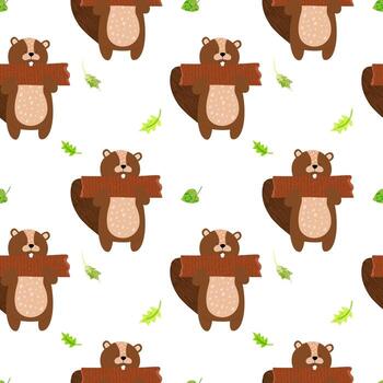 Seamless pattern with hand drawn cartoon beaver holding a piece of wood with a trendy texture and easily falling leaves. Pattern for printing on wrapping paper and canvas, on children's clothing vector