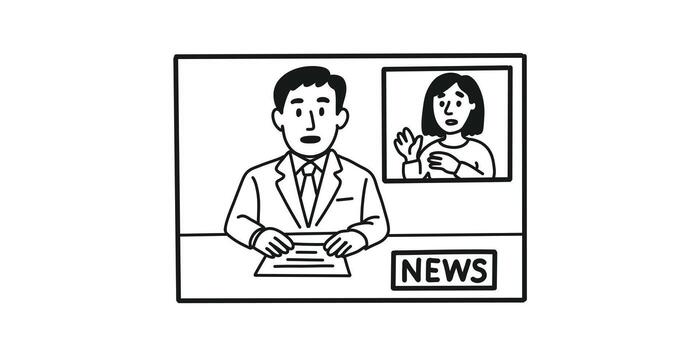 news with on-screen sign language interpreter, broadcast accessible for the deaf vector