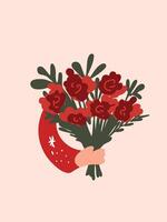 hand holding a bouquet, greeting with a bouquet vector