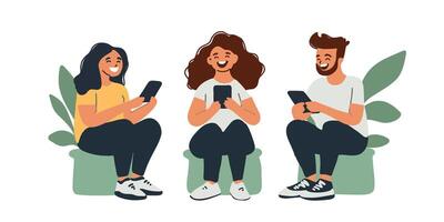 happy group online, digital communication among friends vector