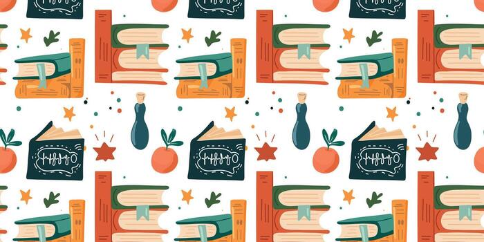 Seamless pattern with educational elements stack of books, board with equations, flashcards, and light bulbs vector