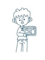 modern child with gadgets in doodle line style vector