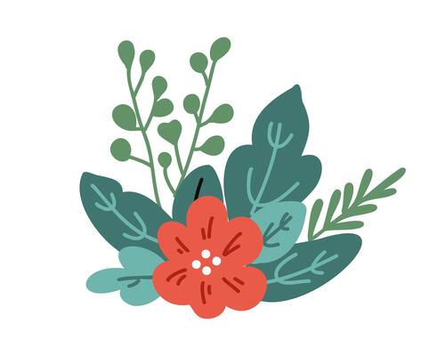 The spring young leaves and red wildflower on white background