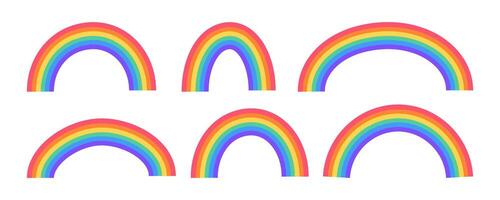 Collection of 6 colorful rainbow in different arc shapes. Bright and simple illustrations perfect for kids designs, pride graphics vector