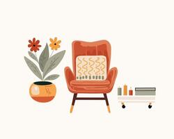 The armchairs and interior potted home flower and table with candles vector