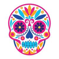 Brightly Colored Sugar Skull with Floral Accents on White Background, Dia de Muertos vector