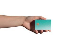 Smart debit card style. Hand holding trendy plastic card with chip for credit, loan, cashback, photo