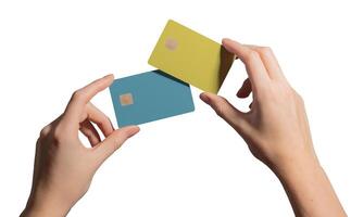Payment design concept. Hand holding two smart plastic bankcards with chip for credit, debit, photo