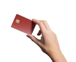 Financial purchase concept. Hand holding plastic bankcard with chip in closeup for credit, debit, photo