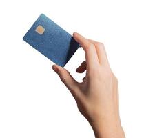 Modern electronic card. Hand holding plastic bankcard with chip in closeup for credit, debit, photo
