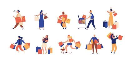 Collection of people carrying shopping bags with purchases. Men and women taking part in seasonal sale at store, shop, mall. Cartoon characters isolated on white background. Flat illustration. vector