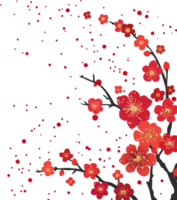 Vibrant illustration captures beautiful red plum blossoms gracefully adorning dark branches, with scattered petals adding a dynamic touch. png