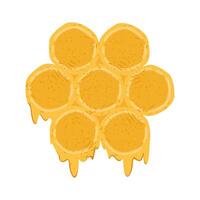Yellow honeycomb with bee honey flowing down, hand drawn in childish style with textures. Mosaic geometric honeycomb pattern with hexagonal cells, healthy organic sweet farm food vector