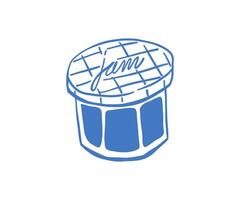 Hand-drawn jar of jam in blue line art style with Mediterranean aesthetic. Simple sketch of sweet fruit preserve in a glass jar with lid. Perfect for packaging, cafe design, or food-themed projects. vector