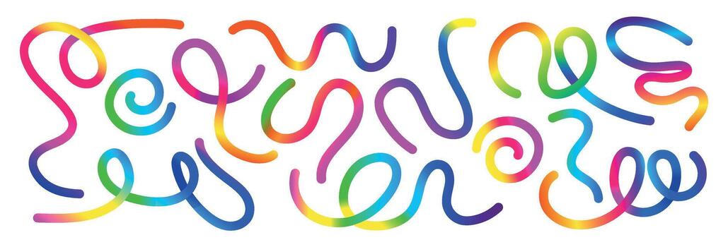 Color line shapes with gradient. Abstract wavy pattern on white background. Dynamic squiggles, spiral ribbons and swirls. 3D rainbow color waves graphic. vector