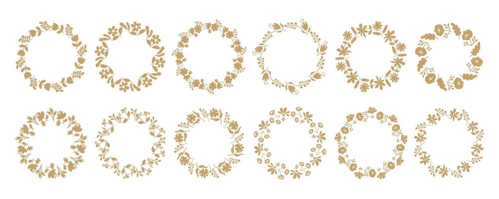 Set of simple floral circle frames. Hand drawn botanical wreaths featuring branches, leaves, and flowers. Isolated illustrations, perfect for wedding invitations, cards, poster tem