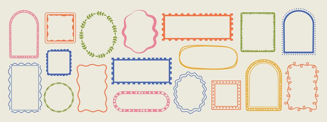 Hand drawn wave frame set. Minimal border kit with square, oval, arch, and stamp shapes. Retro ornament for card, label, banner, or invitation. Cute doodle style for celebration design.