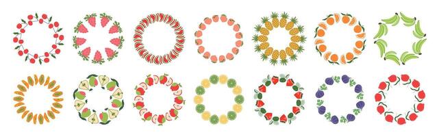Fruit frame set. Assorted fruit design template, copy space. Cute hand drawn fruit frames in doodle style. Round template. Hand drawn fruits circle border. vector