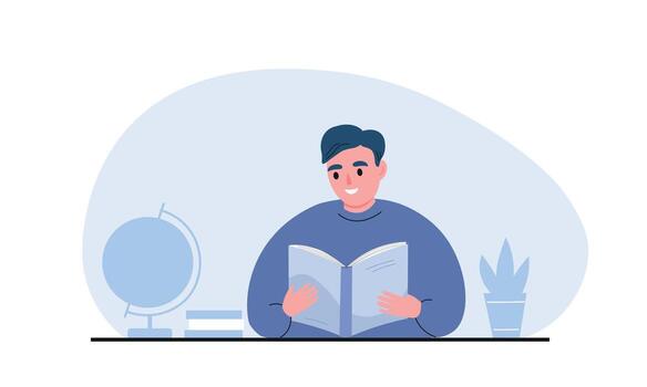 un estudiante se sienta a un mesa con un libro en clase. el chico es lectura. el aprendizaje proceso a escuela. plano gráficos. vector