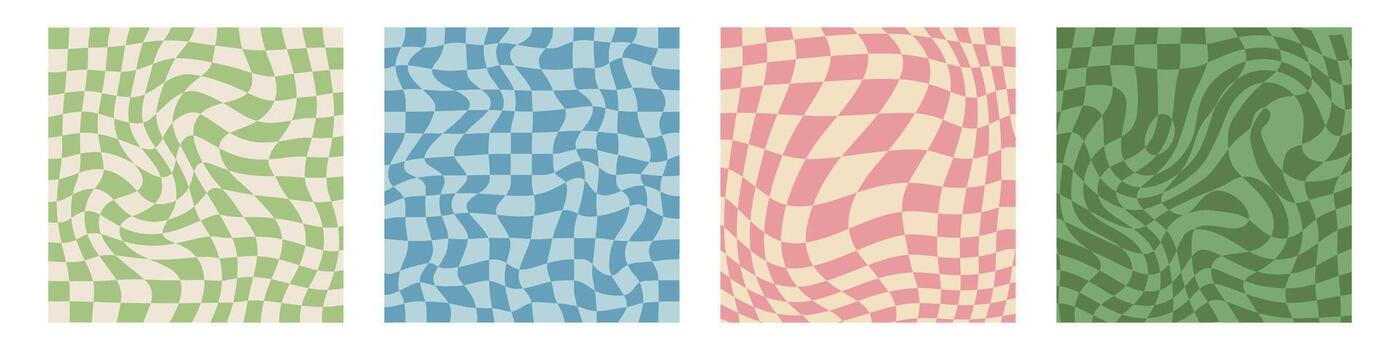 Groovy 70s hippie backgrounds featuring checkerboard,mesh, and wavy patterns.Gingham wallpaper collection, perfect for print templates. Retro 60s and 70s psychedelic design. vector