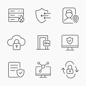 Outline Icon Set illustrating cloud security, access control, identity verification and IT infrastructure, Perfect for cybersecurity and digital protection themes vector