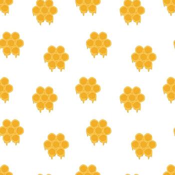Seamless pattern with large honeycombs with honey flowing down, hand drawn with trendy textures. Image for printing on wrapping paper and canvas, for kids, poster or banner vector