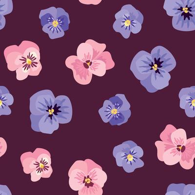 Seamless Pansies Floral Pattern on Dark Background. Endless textures for your design