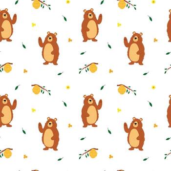 Seamless pattern with bear waving his paw, beehive with honey on a branch, flying leaves down and flowers hand-drawn with trendy textures. Image for printing on wrapping paper and canvas, for kids vector