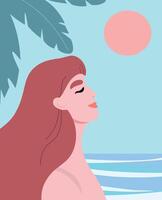 Woman enjoying sunset by the beach vector