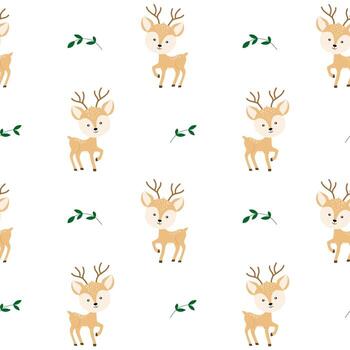 Seamless pattern with cute deer and leaves hand drawn using trendy textures on white background. Image for printing on wrapping paper and canvas, for kids, poster or banner vector