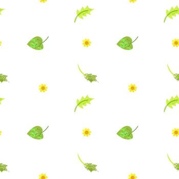 Seamless pattern with various green leaves and delicate yellow flowers hand drawn with trendy textures. Repeat image for printing on wrapping paper and canvas, for kids, poster or banner for website vector