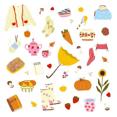 Set of autumn elements. Cute cozy autumn stickers. Umbrella, rubber boots, autumn clothes, knitting socks, cup of tea with teapot, cookies, toaster with bread, book, pumpkin, elephant hand draw
