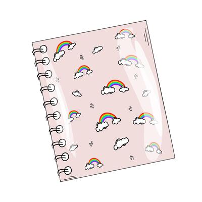 Soft pink spiral notebook with bright cheerful rainbows, drawn in doodle style on white background, time for school, hello from school, September 1, Knowledge Day. School spiral notebook