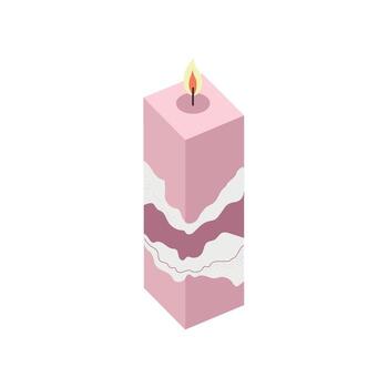 Tall rectangular pink candle with abstract marbled wave design and lit flame in a modern artistic style vector