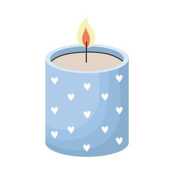 ligero azul vela con blanco corazón modelo y iluminado fuego en un cilíndrico envase en blanco antecedentes vector