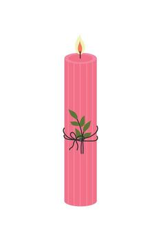 Tall pink candle with vertical line texture, green leaf tied with black string, and lit flame on white background vector