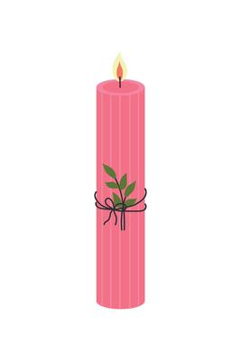 Tall pink candle with vertical line texture, green leaf tied with black string, and lit flame on white background
