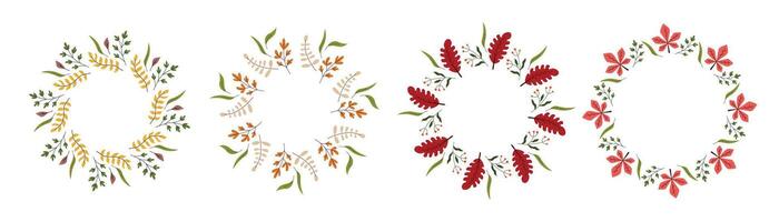 Set of four round autumn wreaths made of seasonal leaves in yellow, red, beige, and green tones arranged in botanical circular frames on white background vector