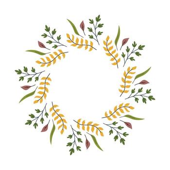 Circular Botanical Frame with Fall Leaves. Wreath made of yellow, green, and brown leaves arranged in a circular botanical frame on white background vector