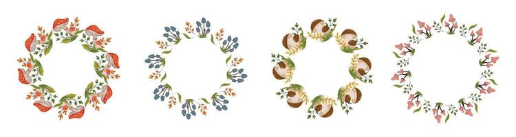 Set of four circular wreaths made of different forest mushrooms including fly agaric, boletus, and other wild fungi, combined with autumn leaves, grass, and greenery on white background vector