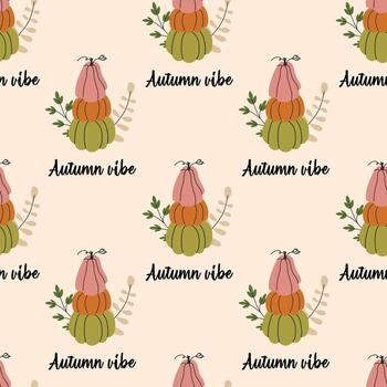 sin costura otoño modelo presentando apilado calabazas en rosa, naranja, y verde con hojas y follaje, repetido con el escrito texto otoño ambiente en un suave beige antecedentes vector