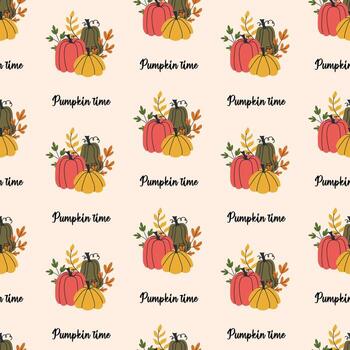 sin costura otoño modelo con rojo, amarillo, y verde calabazas rodeado por otoño hojas y follaje, repetido con escrito texto leyendo calabaza hora en un ligero beige antecedentes vector