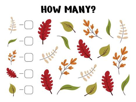 Educational fall worksheet for kids featuring various autumn leaves in red, orange, green, and beige for a how many counting activity focused on nature and visual recognition vector