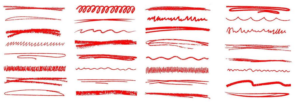 Set of strokes for underlining with a brush with a pencil or chalk. Large collection of textures of a charcoal red pencil for creating an accent and highlighting effect. vector