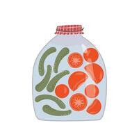 Preserved pickled homemade vegetables in jars, flat illustration isolated on white background. Pickled cucumbers and tomato for harvest storage and food preserves concept vector