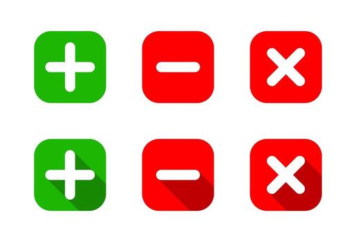 Add, remove, and delete icon in square. Plus, minus, and cross symbol with long shadow vector