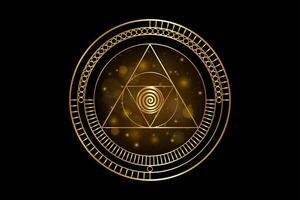 Gold Sacred Geometry, Geometric shapes Circles and triangles in golden proportion, Mystical logo design, luxury icon, masonic simbol, occult magic spiral, isoalted on black galaxy background vector